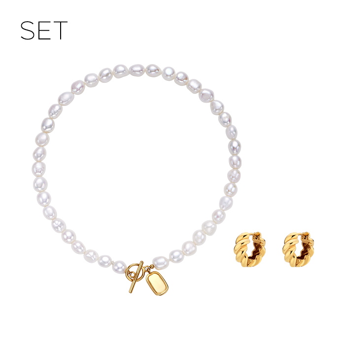 SEASONS Pearl Necklace and Hoop Earrings Set