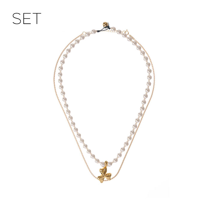 MIMI Metal Clover Pearl and Box Chain Necklace Set